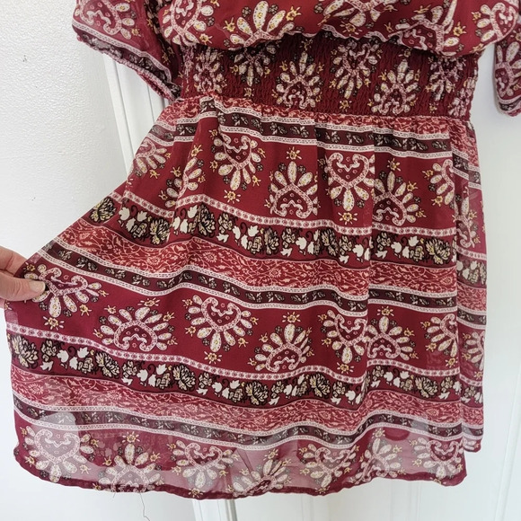 Calvin Klein Boho Red Print 3/4 Sleeve Gathered Waist Sheer Lined Dress Size M - Picture 4 of 12